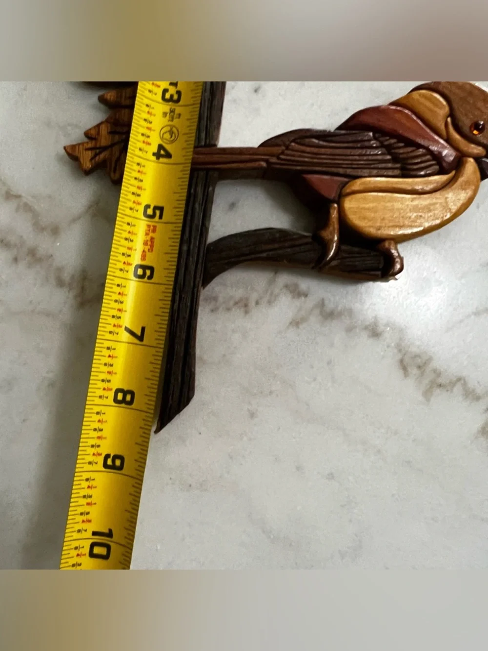 Handcrafted Intarsia Wood Bird Chickadee Wall Hanging Art Glass Eye.